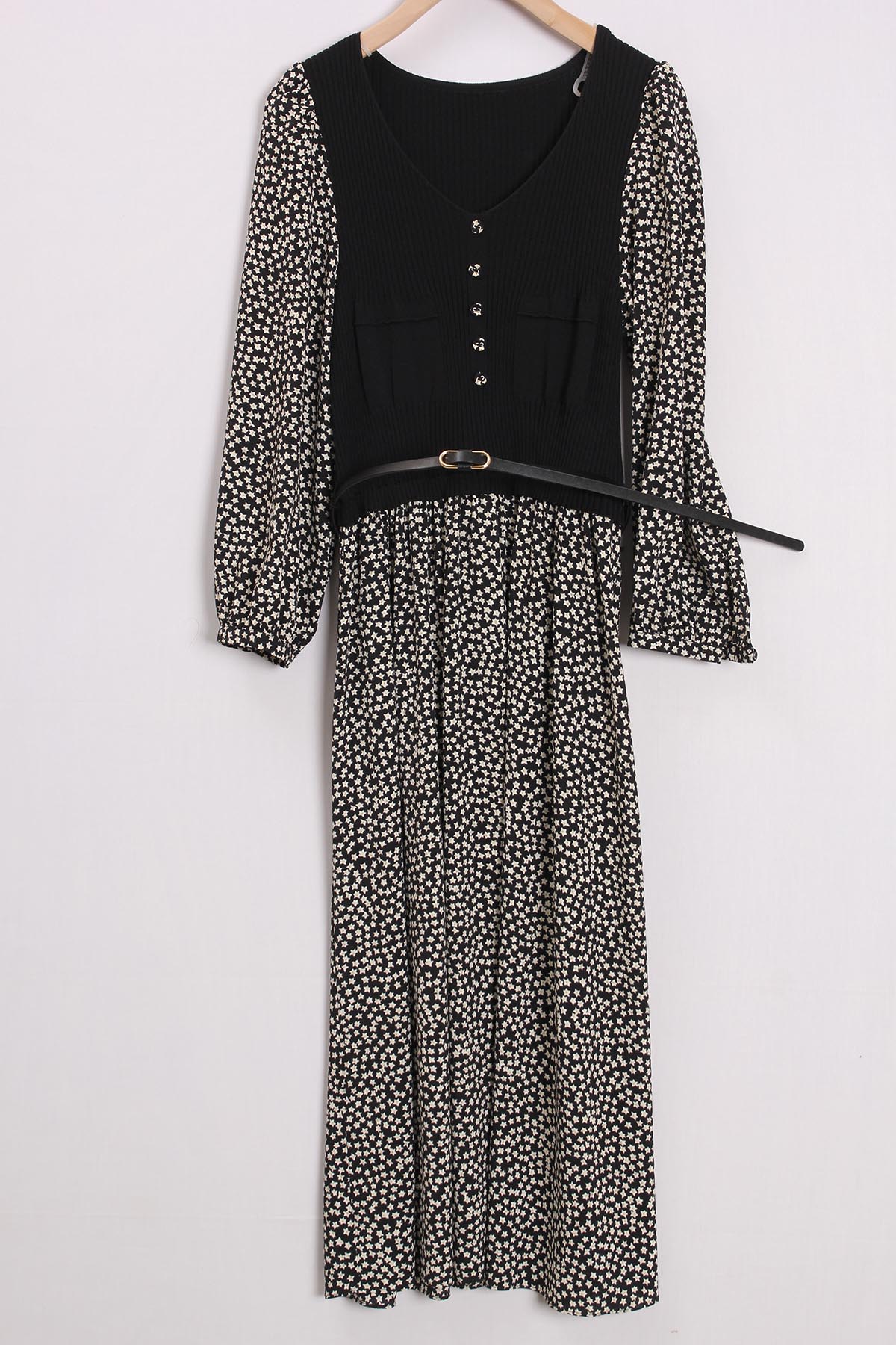 朵以2021专柜秋新款拼接针织碎花连衣裙长裙配细皮带女36DQ818005