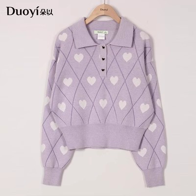 新款减龄Polo领爱心提花毛织