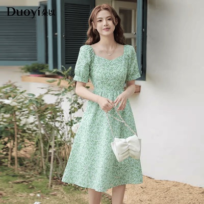 duoyi朵以2023夏季新款蝴蝶结露背碎花收腰法式连衣裙37DX813030