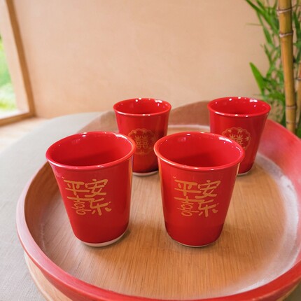 平安喜乐杯子家用红色陶瓷福字杯酒杯纯红喝水杯中式婚庆喝茶喜杯