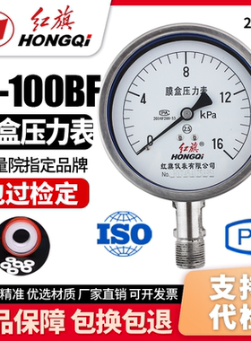 厂家直销 红旗牌仪表不锈钢膜盒压力表千帕表 YE-100BF 0-25KPA