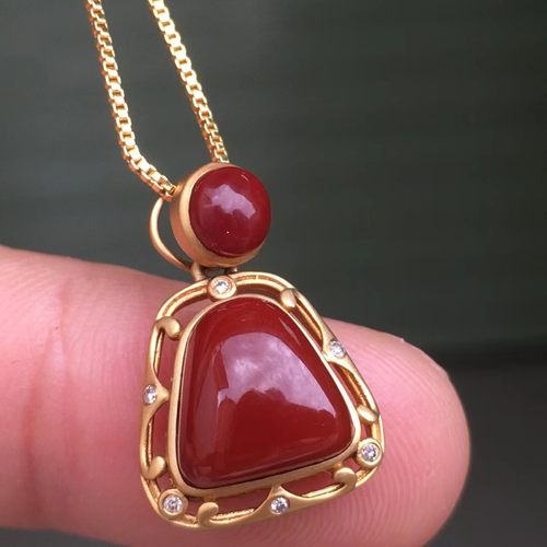 南红玛瑙吊坠戒指套装18k金镶嵌吊坠戒指