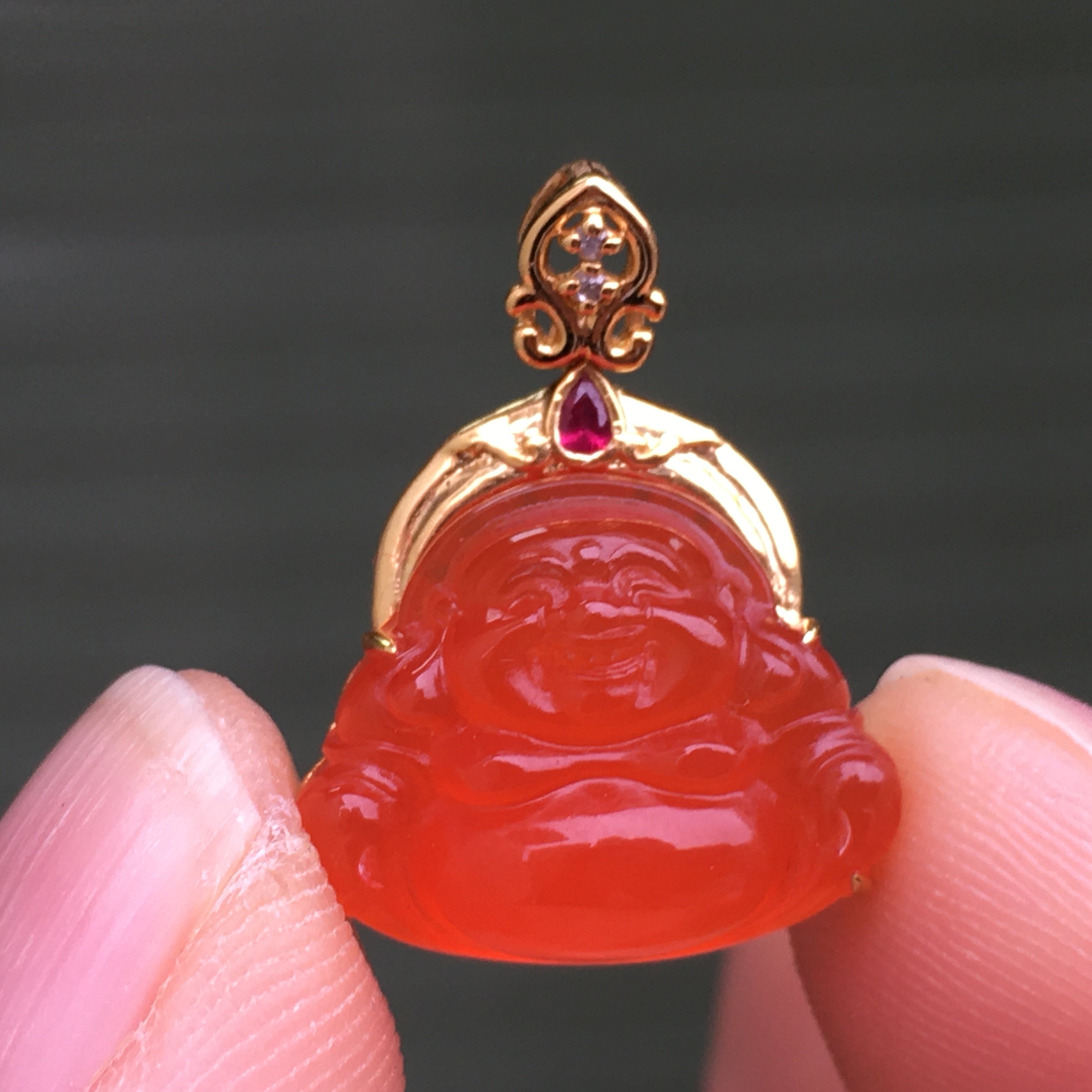 南红玛瑙吊坠柿子红吊坠18k金镶嵌吊坠