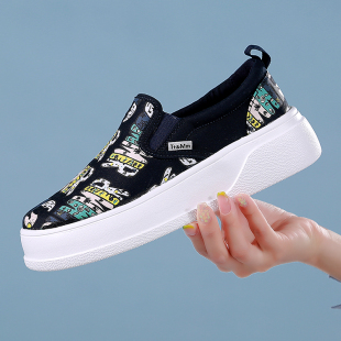 汤姆斯女鞋 休闲厚底百搭一脚蹬松糕跟乐福鞋 春季 帆布鞋 新款 Tt&Mm