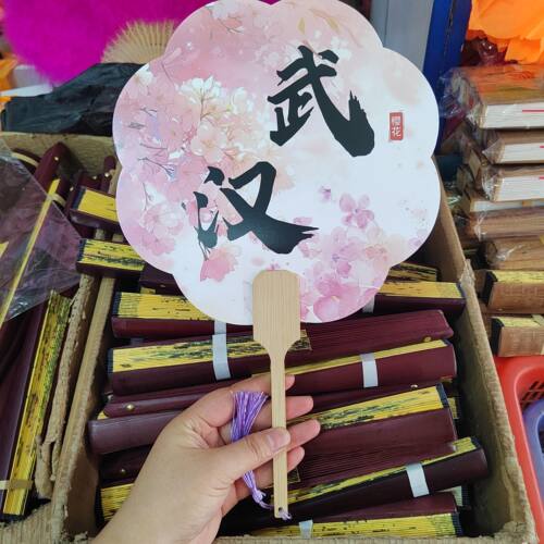 武汉网红打卡地团扇景区爆款手绘拍照纸扇黄鹤楼圆扇花瓣樱花扇子
