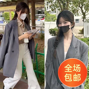 中长外套西服品质 2023秋季 衣服灰色宽松韩版 费 赵露丝桑稚同款 免邮