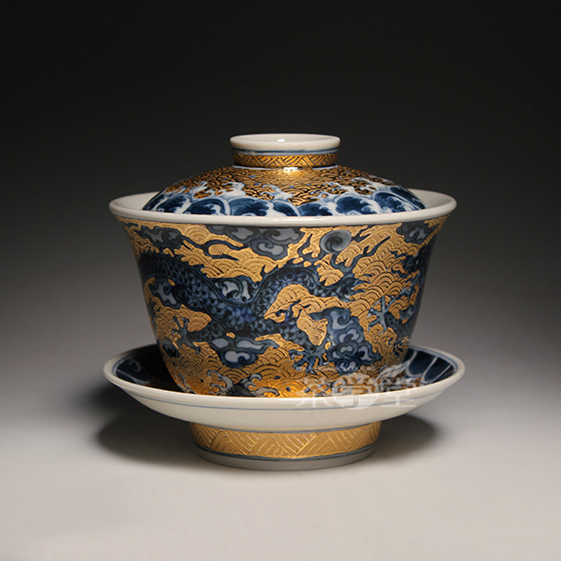 存仁堂手绘龙纹陶瓷三才盖碗茶杯单个泡茶碗功夫茶具套装茶盏160m