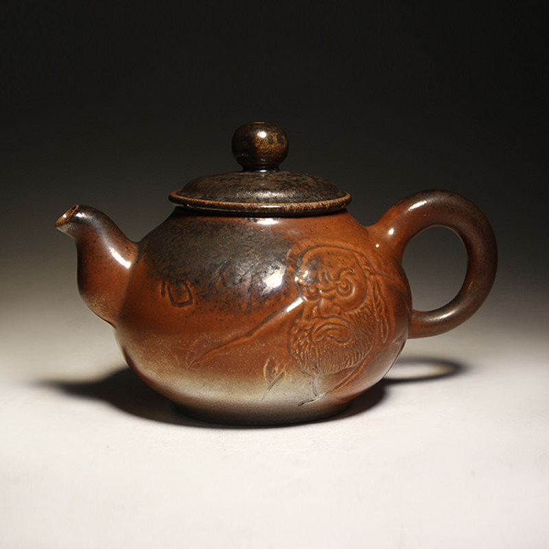 台湾庄鹏达手工柴烧茶壶泡茶壶单壶柴窑浮雕手绘达摩壶功夫茶具