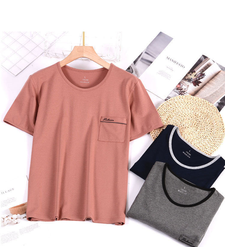 봄과 여름 아이스 실크 코튼 남성 탑 싱글 반팔 티셔츠 루즈 모달 솔리드 컬러 대형 홈웨어 얇은 섹션