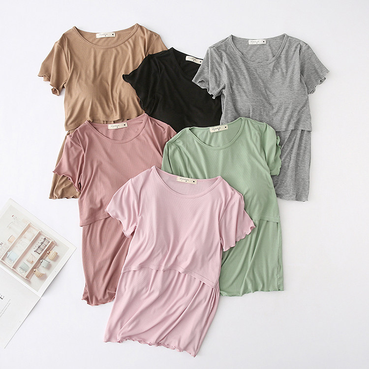 가슴 패드가 달린 초박형 여름 수유 티셔츠 여성 모달 수유 의류 플립업 산후 반팔 수유 의류