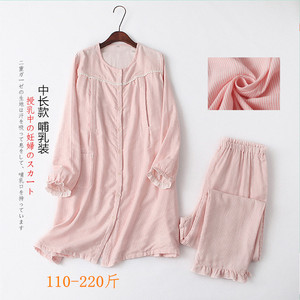 孕妇纯棉纱布中长款裙喂奶服家居哺乳装 春秋薄款睡衣月子服大码