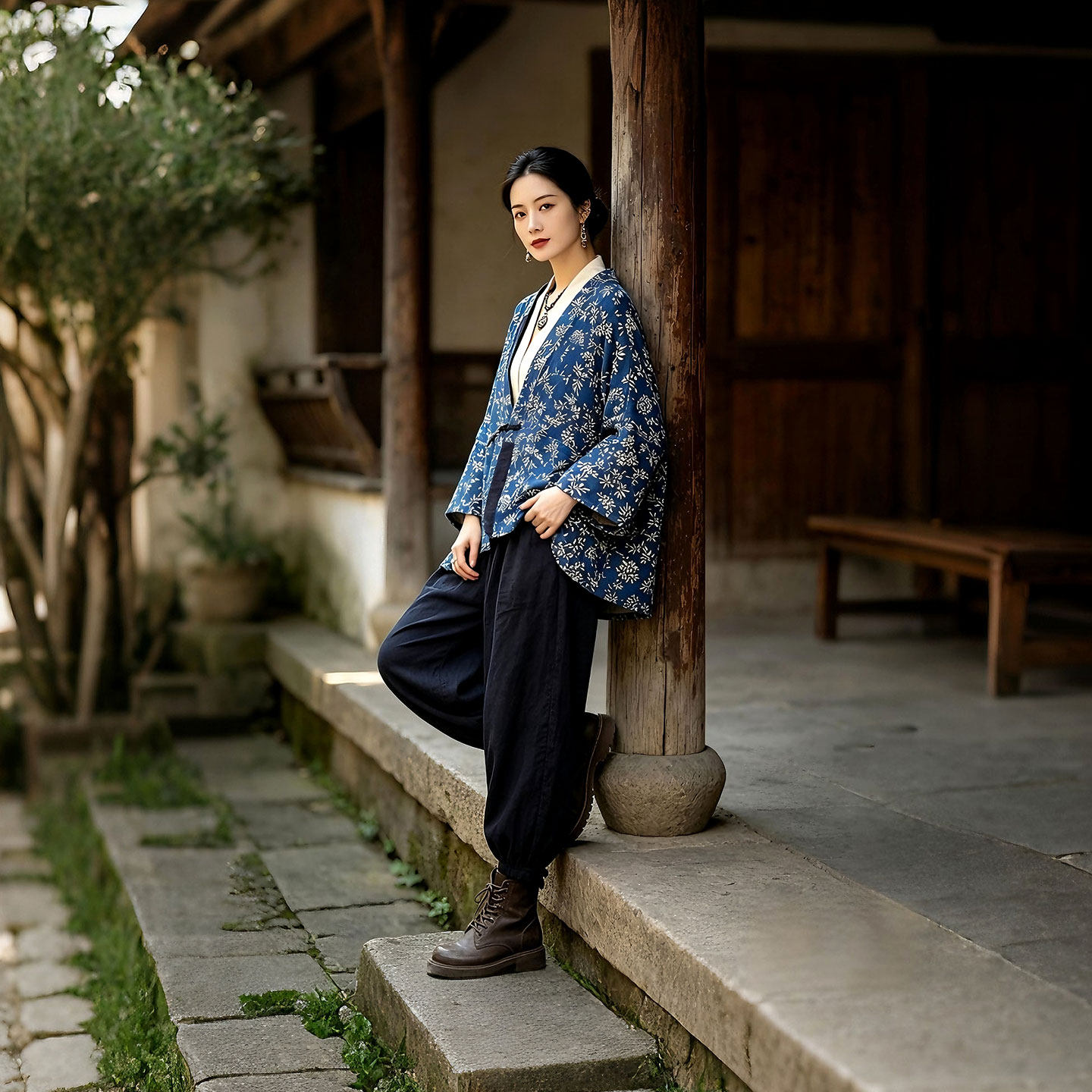 中式复古蓝印花盘扣棉麻开衫外套