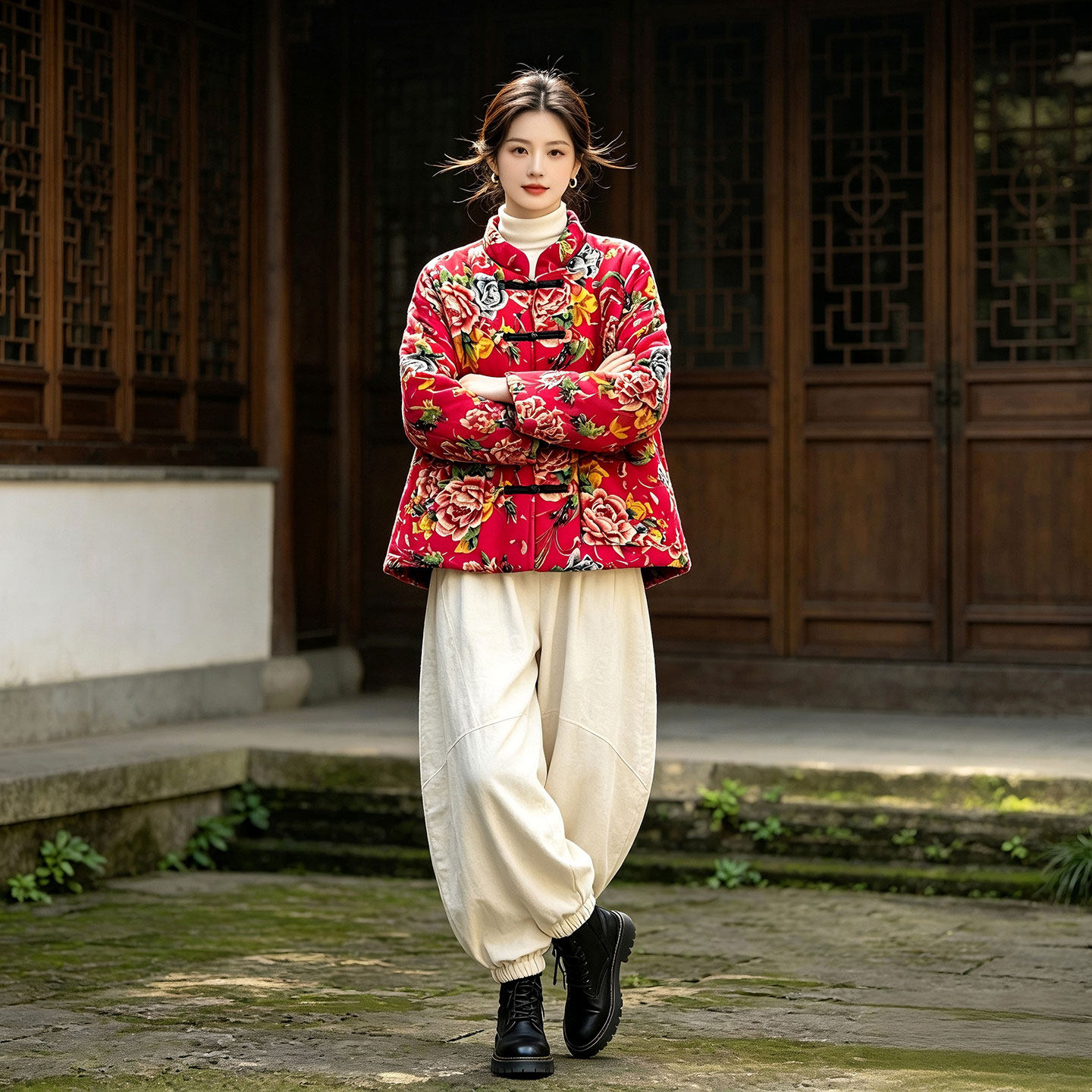 东北大花盘扣棉服女秋冬夹棉外套