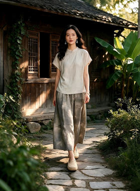 文艺灰调晕染棉麻中长宽松半身裙