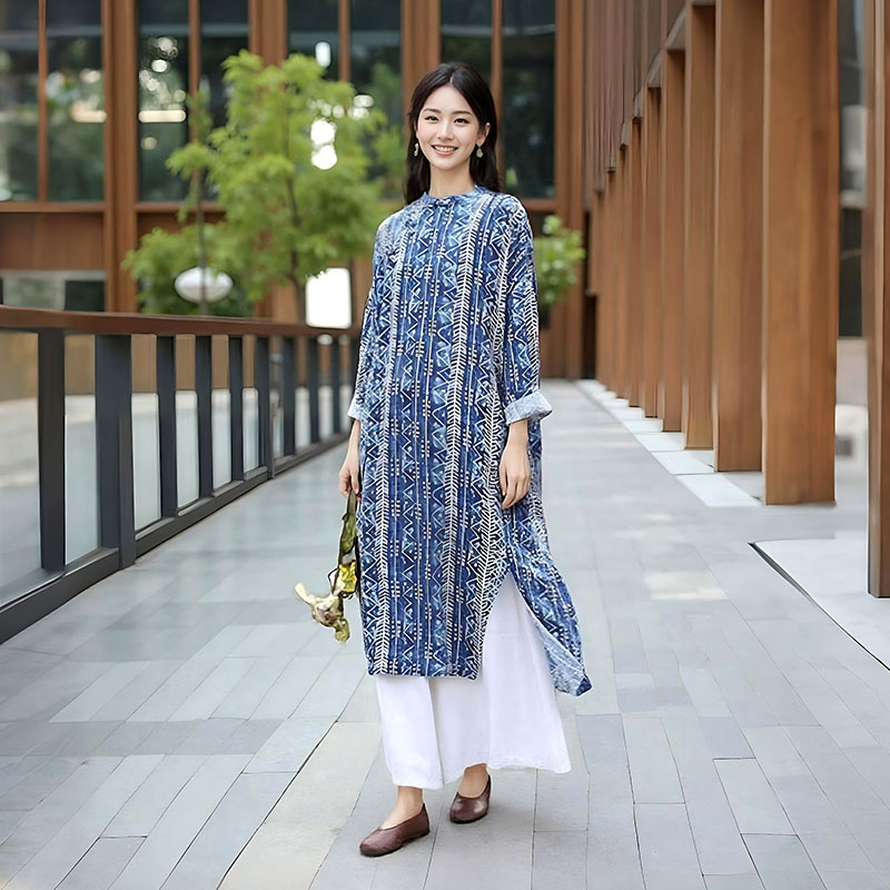 新中式连衣裙春新款立领复古盘扣斜襟棉麻印花宽松大码改良旗袍裙