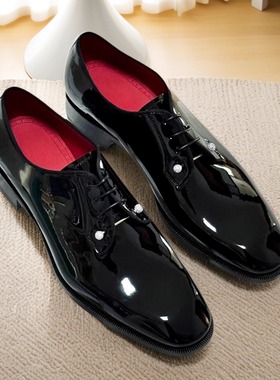 2025男士正装真皮漆皮cl红底系带低帮休闲皮鞋增高新郎婚鞋德比鞋