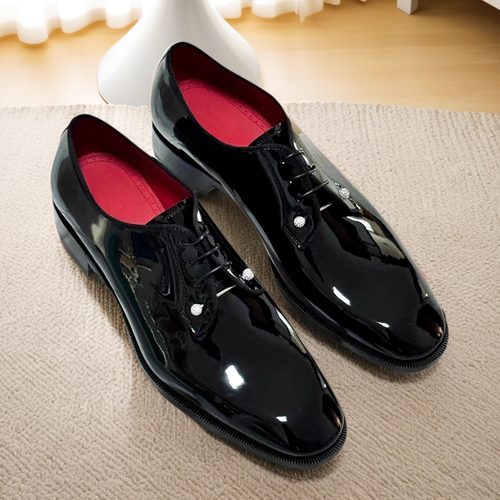 2025男士正装真皮漆皮cl红底系带低帮休闲皮鞋增高新郎婚鞋德比鞋