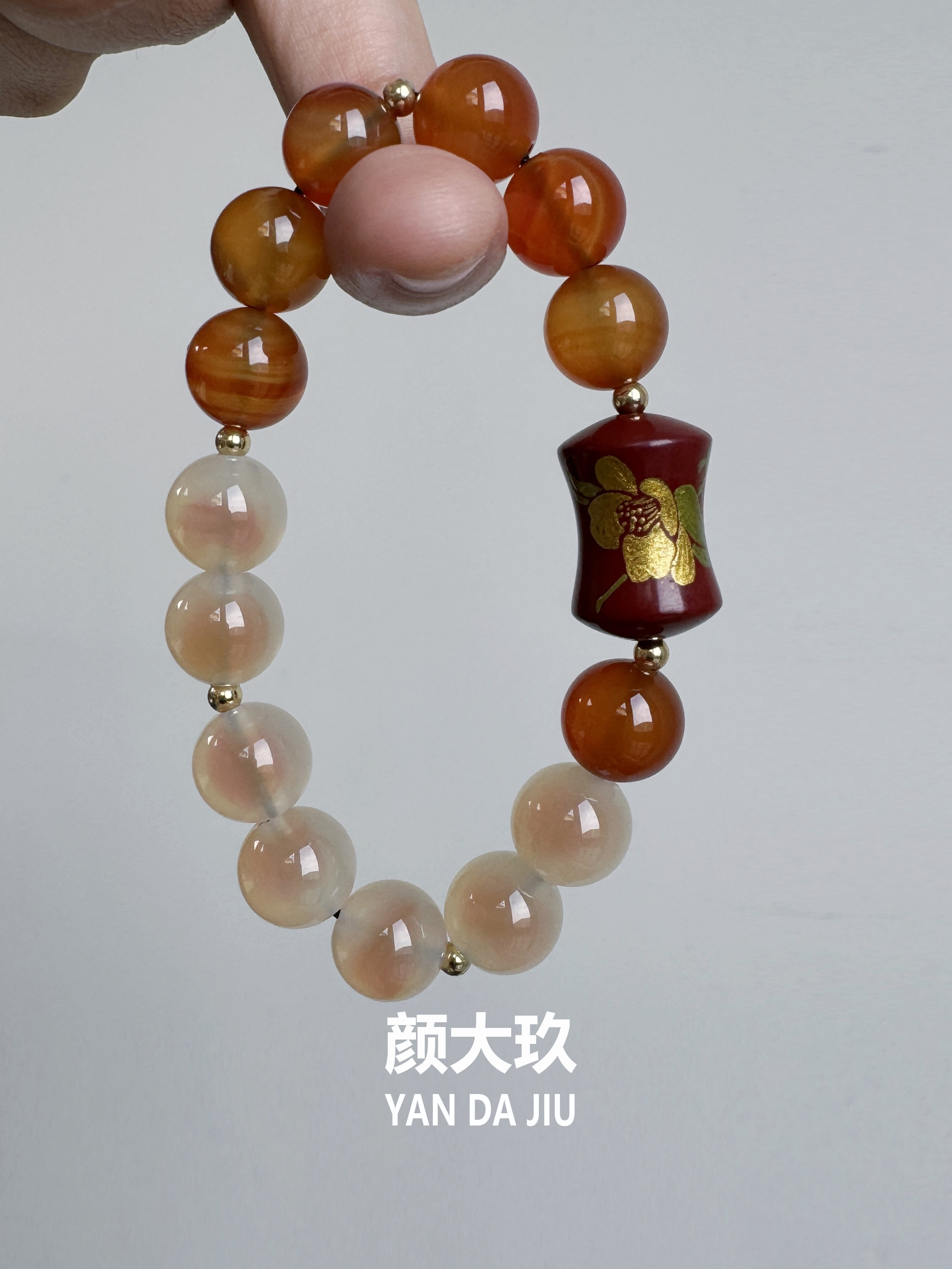 颜大玖《玉茗》大漆山茶花中式复古玛瑙设计感手串-手作木胎漆器