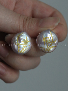 颜大玖原创《珍珠兰》大漆描金工艺手绘兰花新中式耳环珍珠胎漆器