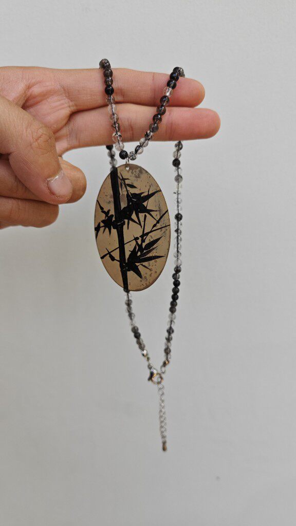 颜大玖原创|大漆手绘墨竹黑发晶项链-铜胎漆器