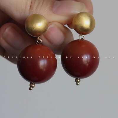 颜大玖·原创大漆彩绘工艺蓝/红渐变色新中式耳环-手作木胎漆器