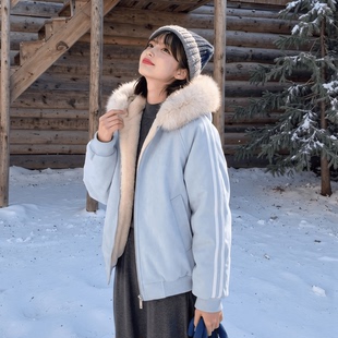 美式座山雕大毛领条纹棉衣女款冬季加绒加厚三防pu皮连帽棉服外套