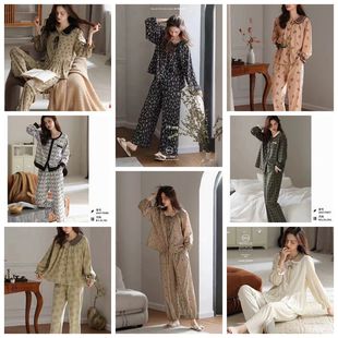 乌拉拉公主24秋男女睡衣纯棉奥棉复古法式格磨毛长袖家居服可外穿