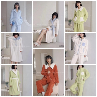 菀瑰冬季女款银丝绒双面珊瑚绒加厚睡衣名媛风撞色轻奢长袖家居服