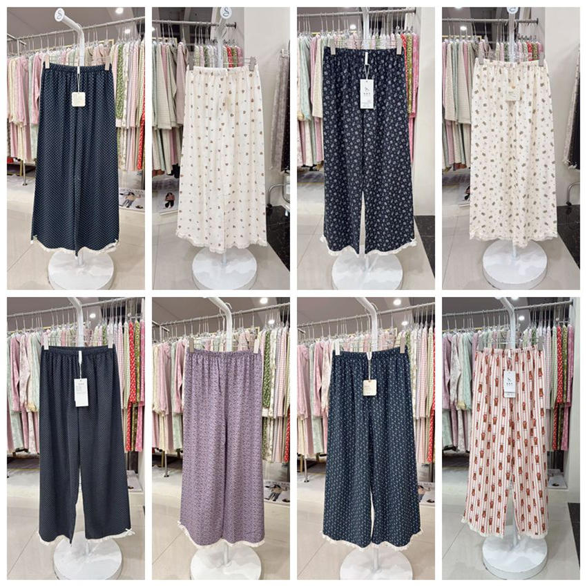 秋女单条磨毛纯棉梭织睡裤阔腿