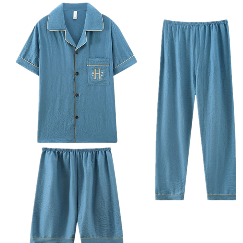 夏季云朵棉睡衣男士短袖老年人爸爸薄款家居服中青年宽松三件套装