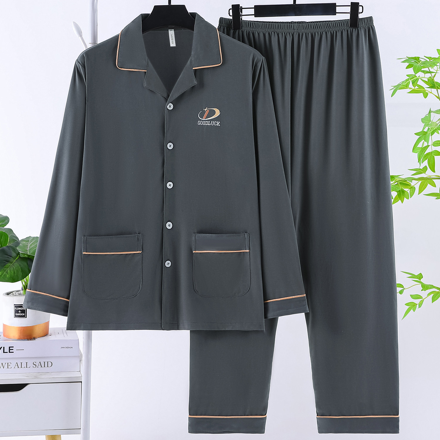 春秋薄款睡衣男士中青年夏季长袖加肥加大码纯棉老年人家居服套装