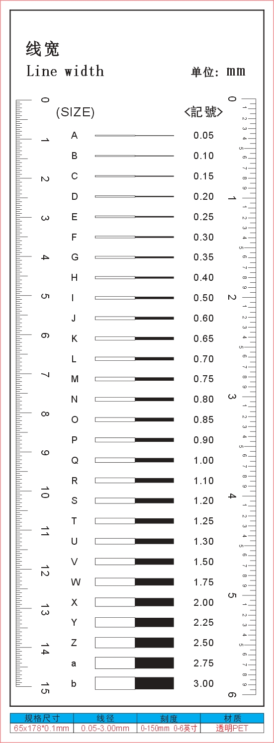 菲林尺菲林透明线径测量点规带直尺测量一边公制一边英制裂痕比对