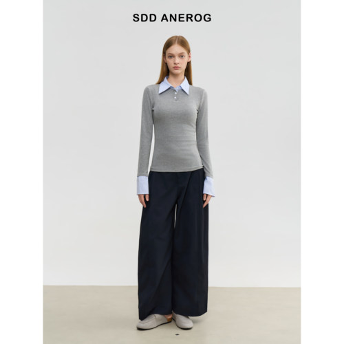 Sdd Anerog 秋季条纹衬衫拼接翻领POLO长袖百搭修身打底T恤女