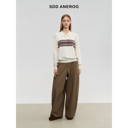 Sdd Anerog 秋季新款老钱翻领Polo针织长袖休闲复古套头上衣女