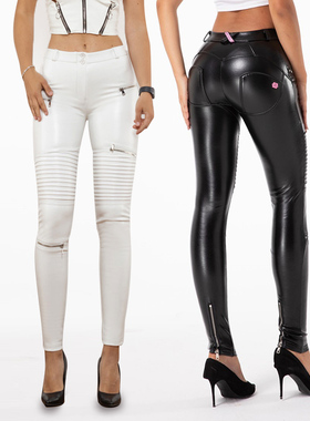 白色蜜桃臀皮裤女加绒保暖机车运动PU皮裤弹力拉链休闲紧身小脚裤