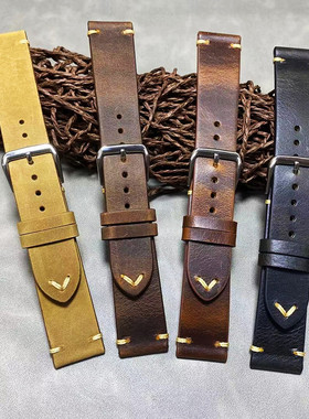 复古手工疯马皮表带18mm19X16mm20X16mm21mm22mm黑灰磨砂棕色牛皮