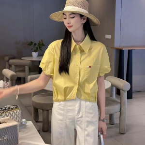 韩系气质减龄泡泡袖衬衣2024夏女新款宽松Polo领短款百搭短袖衬衫
