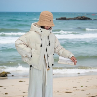 韩版休闲宽松小个子连帽90白鸭绒羽绒服女2024冬季短款保暖面包服