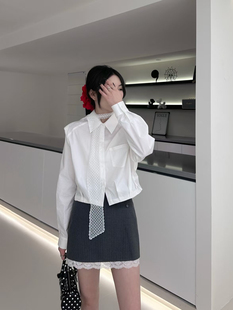 韩系蕾丝飘带格子长袖衬衫女2025春季新款洋气减龄小个子短款上衣