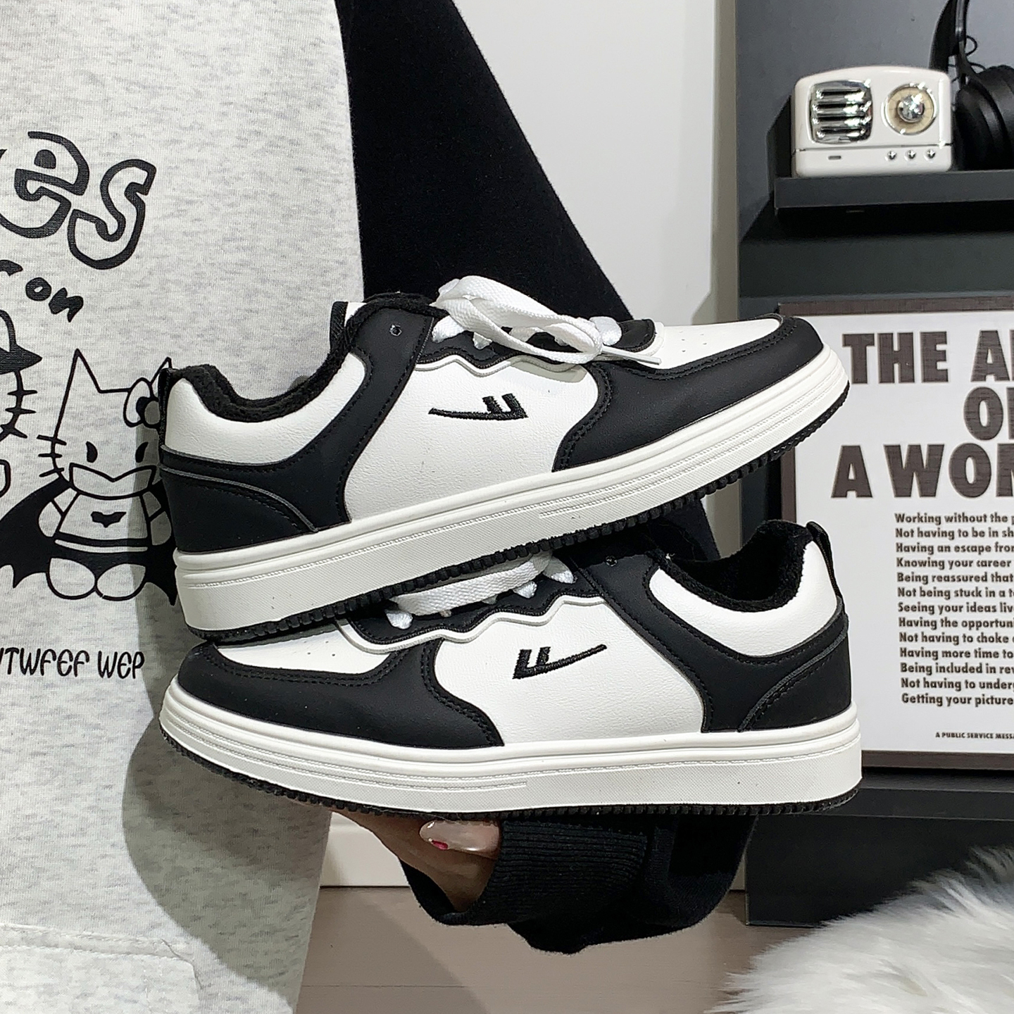 回力黑白熊猫加绒板鞋男秋冬二棉