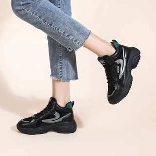 加绒高帮鞋女2023年冬季新款厚底系带中跟拼色增高运动休闲鞋女