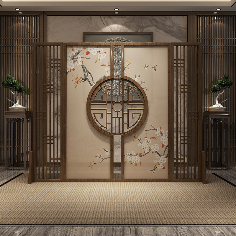 新中式客厅实木花格圆镂空屏风隔断入户门口遮挡大厅酒店茶室玄关