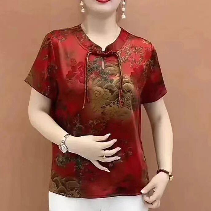 妈妈夏季新款短袖花色T恤薄款中中老年女装