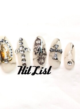 HitList原创复古乳白色大理石贴钻假指甲贴片日式饰品彩妆指甲