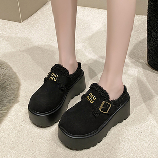 超火厚底半拖鞋女秋冬新款包头拖鞋加绒保暖8cm增高松糕勃肯拖鞋