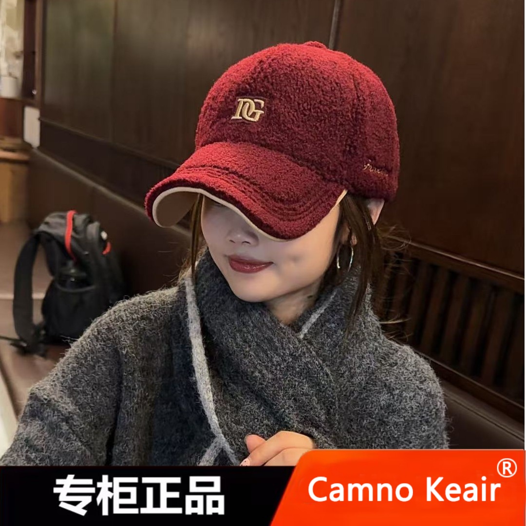 Camno Keair官网CK2-22201羊羔绒保暖棒球帽女冬款加绒红色鸭舌帽