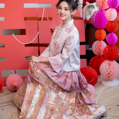 出租满庭芳【喜流年】粉色马面裙套装女2024新中式国风订婚礼服裙