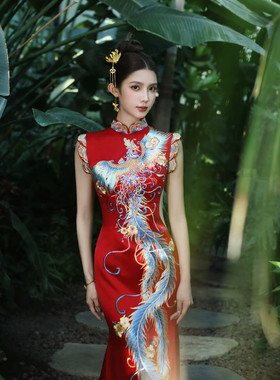 金宝正版五彩凤凰手绣旗袍中式婚礼结婚礼服出阁敬酒服定制新娘装
