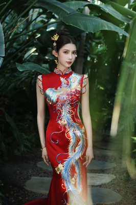 金宝正版五彩凤凰手绣旗袍中式婚礼结婚礼服出阁敬酒服定制新娘装