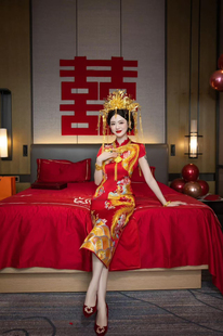 出租旗袍龙凤盘金刺绣旗袍2025新款结婚敬酒服出阁服嫁衣订婚